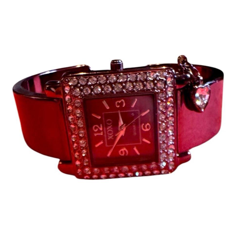 🆕 XOXO vintage dark rose gold/bronze Rhinestone Cuff Watch with heart charm